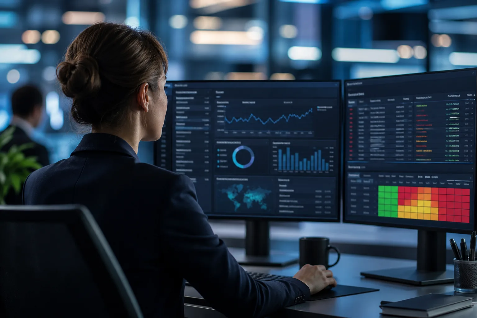 Compliance teams monitoring transactions and risk dashboards